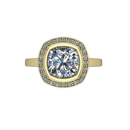 Rosie cushion halo bezel-set engagement ring in 18K Yellow Gold — top-down view showing the cushion-cut center stone framed by the full diamond halo and bezel outline