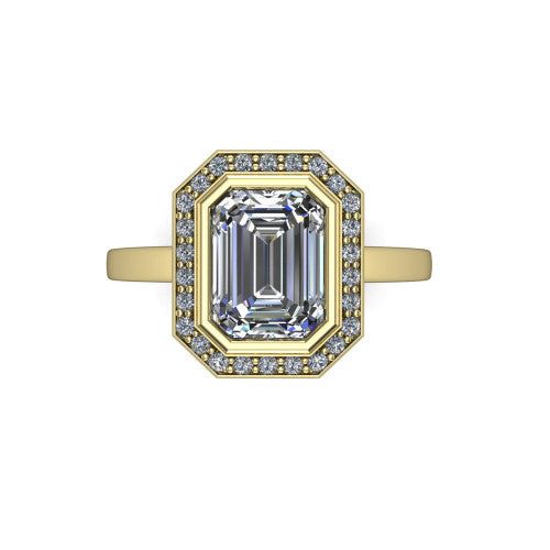 Rosie emerald halo bezel-set engagement ring in 18K Yellow Gold — top-down view showing the emerald-cut center stone framed by the full diamond halo and bezel outline