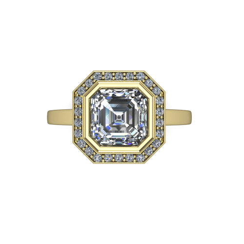Rosie square emerald halo bezel-set engagement ring in 14K Yellow Gold — top-down view showing the square emerald-cut (Asscher-style) center stone framed by the full diamond halo and bezel outline