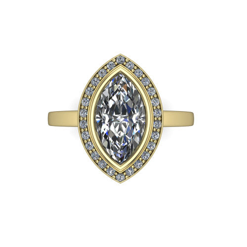 Rosie marquise halo bezel-set engagement ring in 14K Yellow Gold — top-down view showing the marquise-cut center stone framed by the full diamond halo and bezel outline