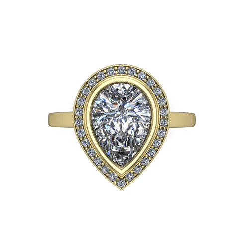 Rosie pear halo bezel-set engagement ring in 18K Yellow Gold — top-down view showing the pear-cut center stone framed by the full diamond halo and bezel outline