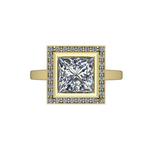 Rosie princess halo bezel-set engagement ring in 14K Yellow Gold — top-down view showing the princess-cut center stone framed by the full diamond halo and bezel outline