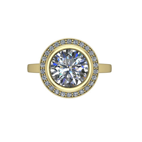 Rosie round halo bezel-set engagement ring in 14K Yellow Gold — top-down view showing the brilliant round center stone framed by the full diamond halo and bezel outline