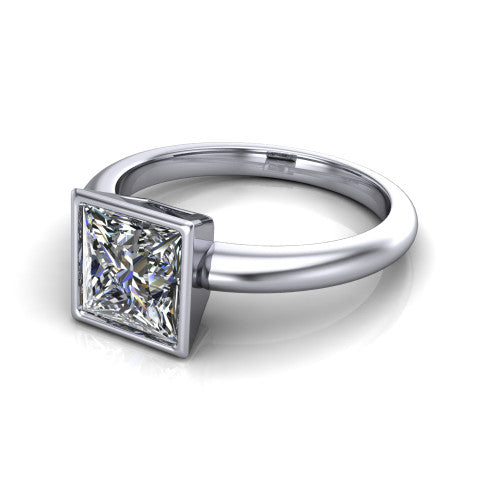 Lauren princess bezel solitaire engagement ring in 18K White Gold, three-quarter perspective showing the bezel-set princess center diamond on a polished band