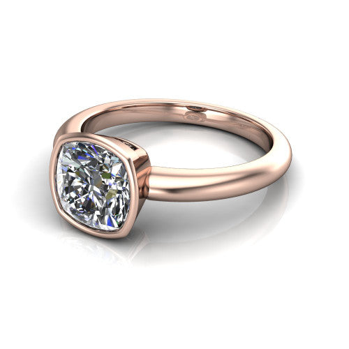 Lauren cushion bezel solitaire engagement ring in 18K Rose Gold, three-quarter perspective showing the bezel-set cushion center diamond on a polished band