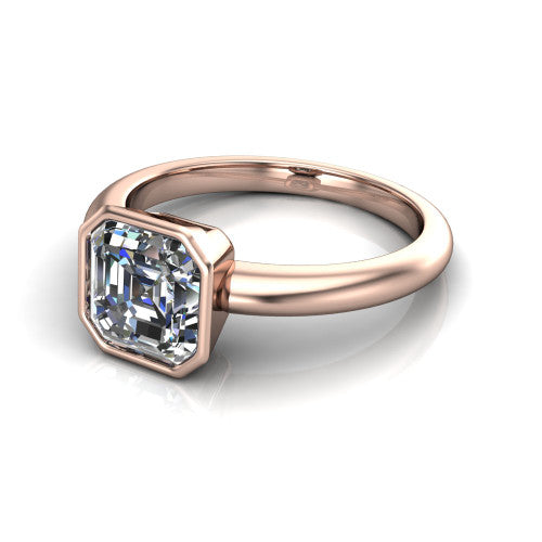 Lauren square emerald bezel solitaire engagement ring in 14K Rose Gold, three-quarter perspective showing the bezel-set square emerald center diamond on a polished band