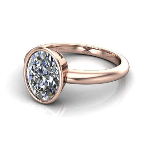 Lauren oval bezel solitaire engagement ring in 18K Rose Gold, three-quarter perspective showing the bezel-set oval center diamond on a polished band