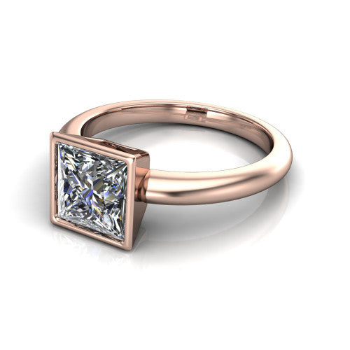 Lauren princess bezel solitaire engagement ring in 18K Rose Gold, three-quarter perspective showing the bezel-set princess center diamond on a polished band