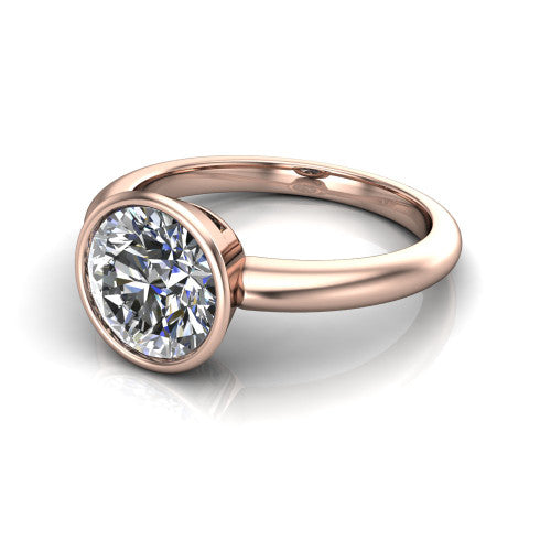 Lauren round bezel solitaire engagement ring in 14K Rose Gold, three-quarter perspective showing the bezel-set round center diamond on a polished band
