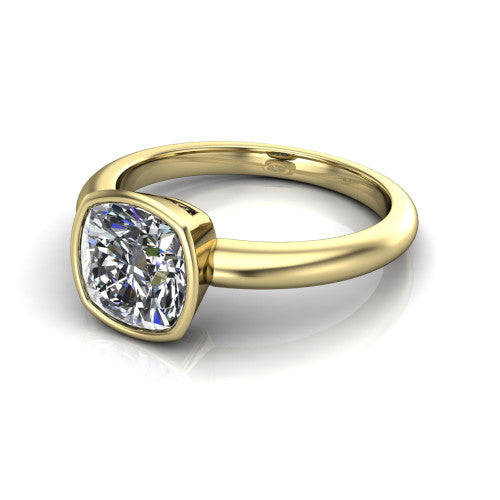 Lauren cushion bezel solitaire engagement ring in 14K Yellow Gold, three-quarter perspective showing the bezel-set cushion center diamond on a polished band