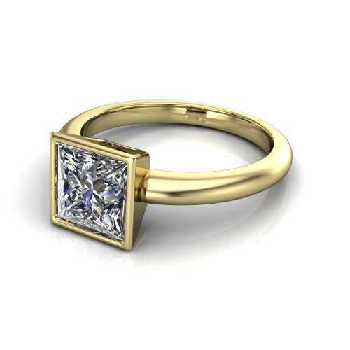 Lauren princess bezel solitaire engagement ring in 18K Yellow Gold, three-quarter perspective showing the bezel-set princess center diamond on a polished band