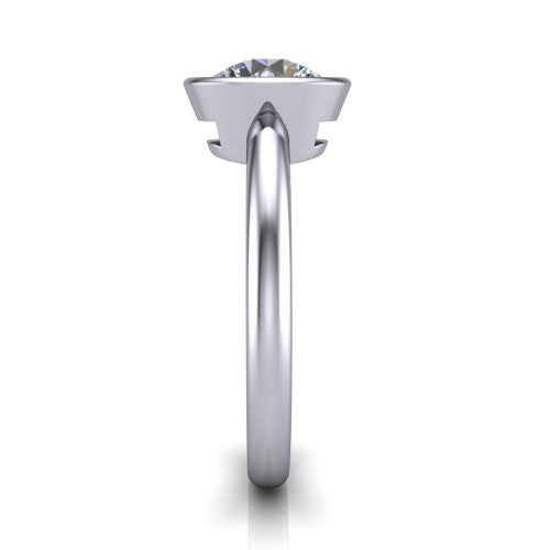 Lauren round bezel solitaire engagement ring in 18K White Gold, side profile showing the bezel setting and comfort-fit band