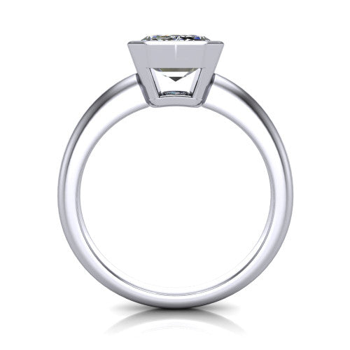 Lauren emerald bezel solitaire engagement ring in Platinum, through-finger front profile showing the bezel and polished band