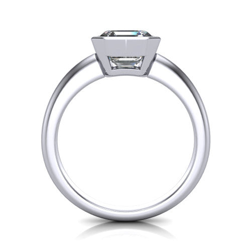 Lauren square emerald bezel solitaire engagement ring in Platinum, through-finger front profile showing the bezel and polished band