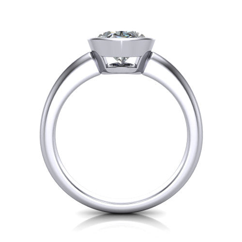 Lauren oval bezel solitaire engagement ring in 14K White Gold, through-finger front profile showing the bezel and polished band