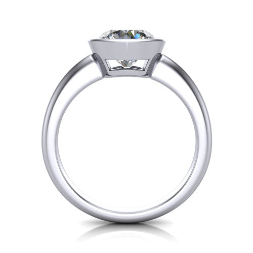 Lauren round bezel solitaire engagement ring in 14K White Gold, through-finger front profile showing the bezel and polished band