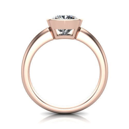 Lauren cushion bezel solitaire engagement ring in 18K Rose Gold, through-finger front profile showing the bezel and polished band