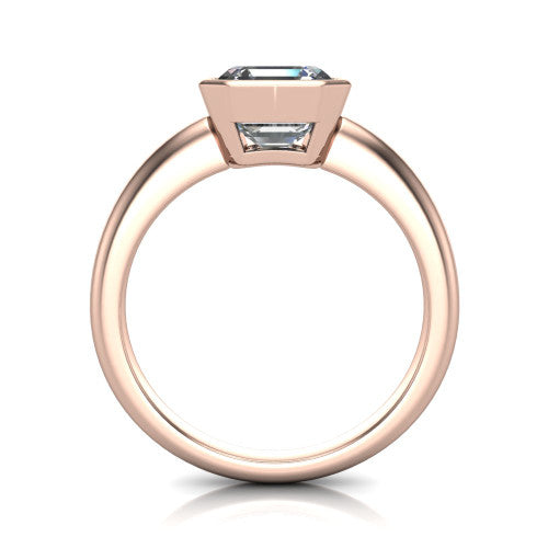 Lauren square emerald bezel solitaire engagement ring in 14K Rose Gold, through-finger front profile showing the bezel and polished band