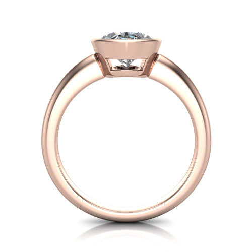 Lauren oval bezel solitaire engagement ring in 14K Rose Gold, through-finger front profile showing the bezel and polished band