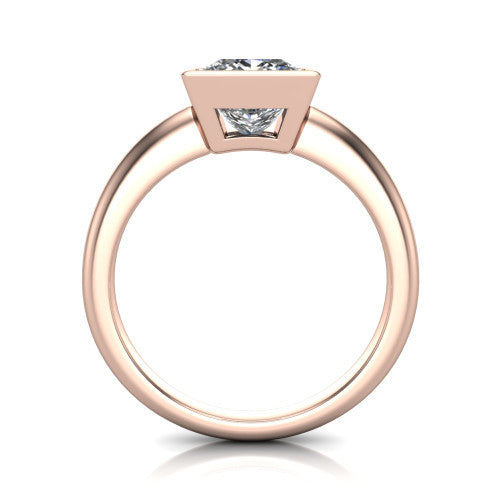Lauren princess bezel solitaire engagement ring in 14K Rose Gold, through-finger front profile showing the bezel and polished band