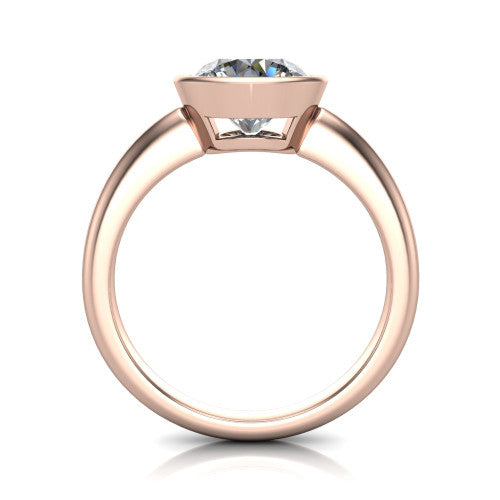 Lauren round bezel solitaire engagement ring in 14K Rose Gold, through-finger front profile showing the bezel and polished band