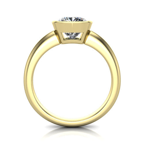 Lauren cushion bezel solitaire engagement ring in 18K Yellow Gold, through-finger front profile showing the bezel and polished band