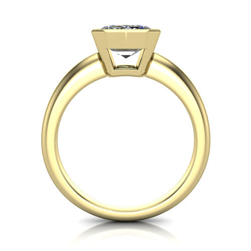 Lauren emerald bezel solitaire engagement ring in 14K Yellow Gold, through-finger front profile showing the bezel and polished band