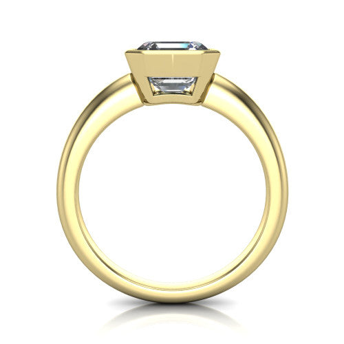 Lauren square emerald bezel solitaire engagement ring in 18K Yellow Gold, through-finger front profile showing the bezel and polished band