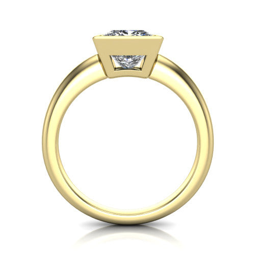 Lauren princess bezel solitaire engagement ring in 18K Yellow Gold, through-finger front profile showing the bezel and polished band
