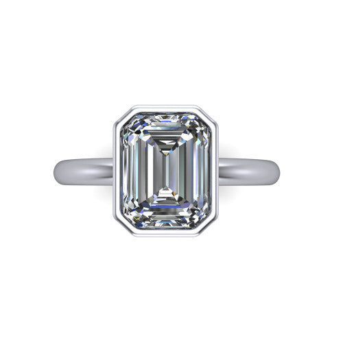Lauren emerald bezel solitaire engagement ring in Platinum, top-down view showing the emerald center diamond in a full metal bezel