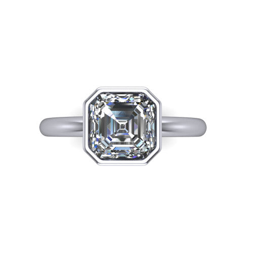 Lauren square emerald bezel solitaire engagement ring in 18K White Gold, top-down view showing the square emerald center diamond in a full metal bezel