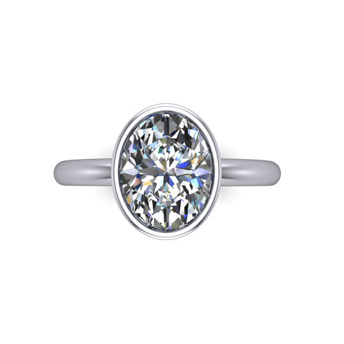 Lauren oval bezel solitaire engagement ring in 18K White Gold, top-down view showing the oval center diamond in a full metal bezel