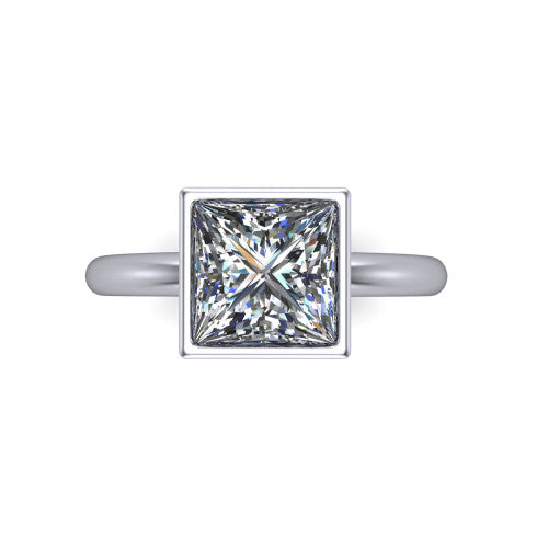 Lauren princess bezel solitaire engagement ring in 18K White Gold, top-down view showing the princess center diamond in a full metal bezel