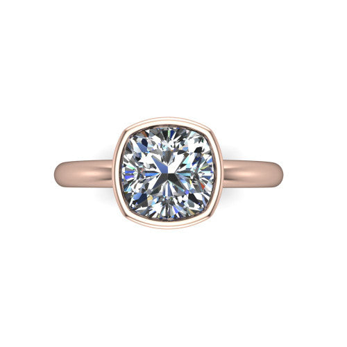 Lauren cushion bezel solitaire engagement ring in 14K Rose Gold, top-down view showing the cushion center diamond in a full metal bezel