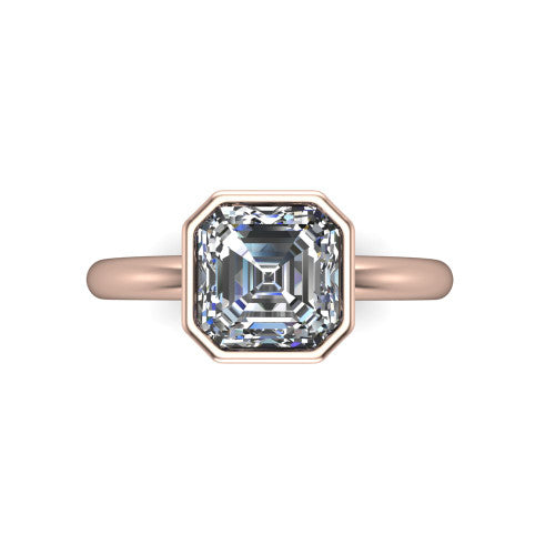 Lauren square emerald bezel solitaire engagement ring in 18K Rose Gold, top-down view showing the square emerald center diamond in a full metal bezel