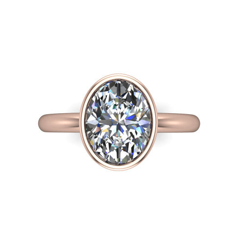 Lauren oval bezel solitaire engagement ring in 14K Rose Gold, top-down view showing the oval center diamond in a full metal bezel