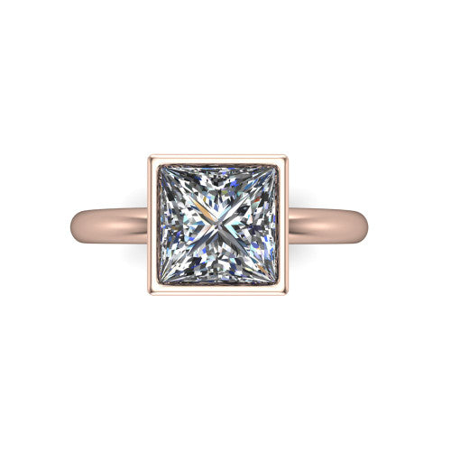 Lauren princess bezel solitaire engagement ring in 18K Rose Gold, top-down view showing the princess center diamond in a full metal bezel