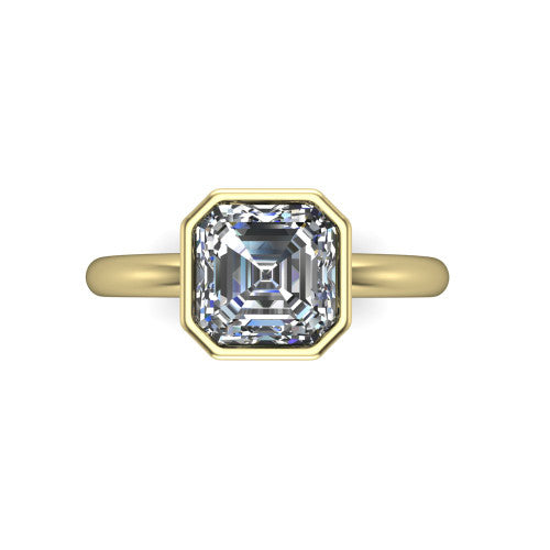 Lauren square emerald bezel solitaire engagement ring in 14K Yellow Gold, top-down view showing the square emerald center diamond in a full metal bezel