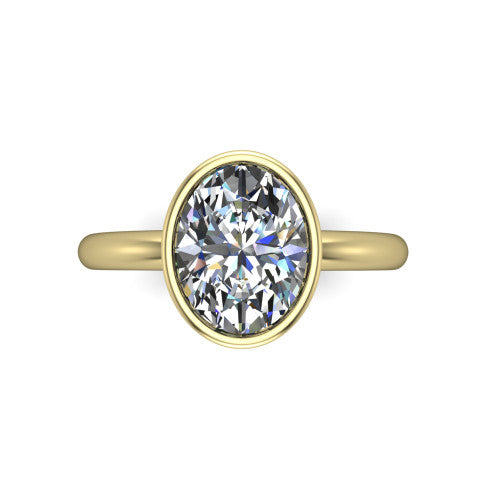 Lauren oval bezel solitaire engagement ring in 18K Yellow Gold, top-down view showing the oval center diamond in a full metal bezel