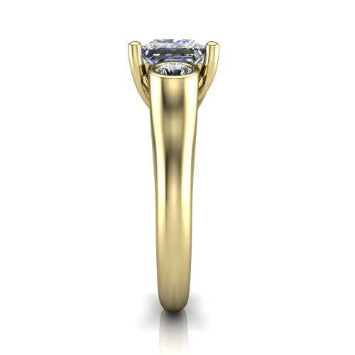 Rory princess three stone engagement ring in 14K Yellow Gold, side profile showing the bezel side stones and polished band