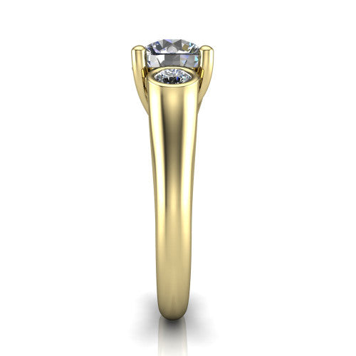 Rory round three stone engagement ring in 14K Yellow Gold, side profile showing the bezel side stones and polished band
