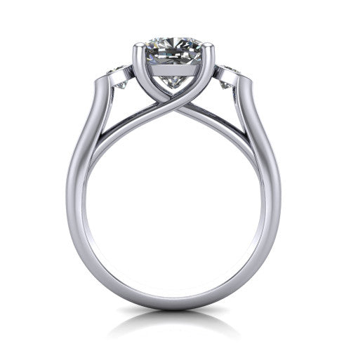 Rory cushion three stone engagement ring in Platinum, through-finger front profile showing the open split basket and polished band
