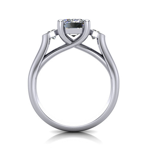 Rory emerald three stone engagement ring in Platinum, through-finger front profile showing the open split basket and polished band