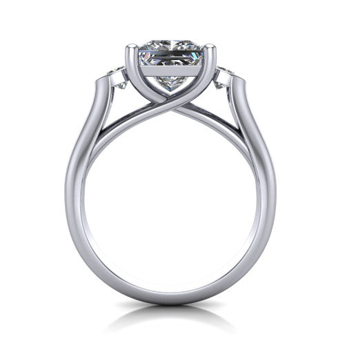 Rory princess three stone engagement ring in Platinum, through-finger front profile showing the open split basket and polished band