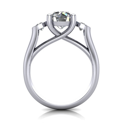Rory round three stone engagement ring in 14K White Gold, through-finger front profile showing the open split basket and polished band