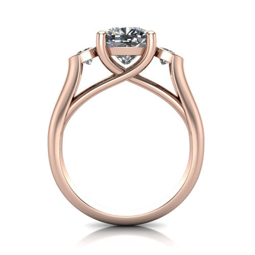 Rory cushion three stone engagement ring in 14K Rose Gold, through-finger front profile showing the open split basket and polished band