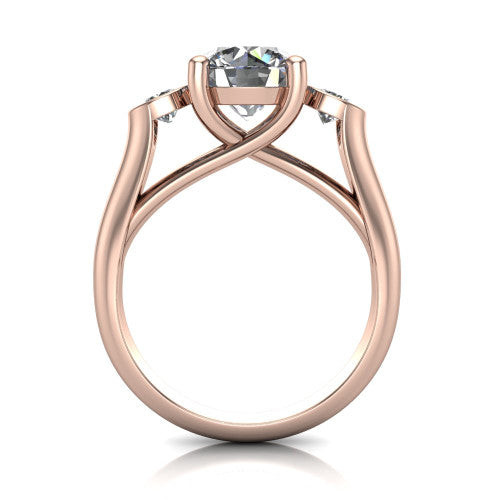 Rory round three stone engagement ring in 18K Rose Gold, through-finger front profile showing the open split basket and polished band