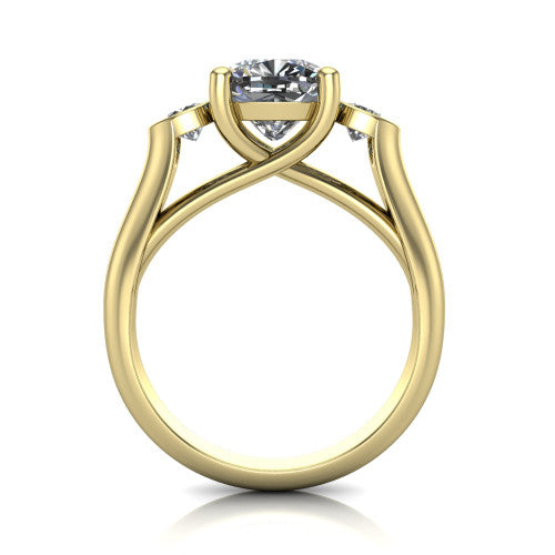Rory cushion three stone engagement ring in 14K Yellow Gold, through-finger front profile showing the open split basket and polished band