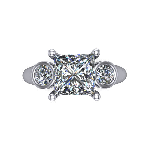 Rory princess three stone engagement ring in Platinum, top-down view showing the princess center diamond and bezel-set round accents