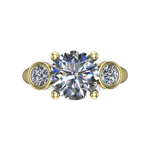 Rory round three stone engagement ring in 14K Yellow Gold, top-down view showing the round center diamond and bezel-set round accents